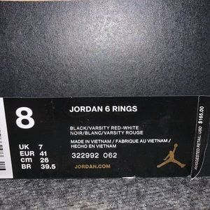 Jordan 6 Rings BRED EUC in box